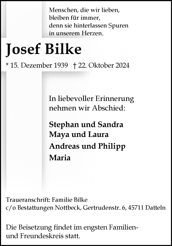 Traueranzeige von Josef Bilke von Trauer Vest