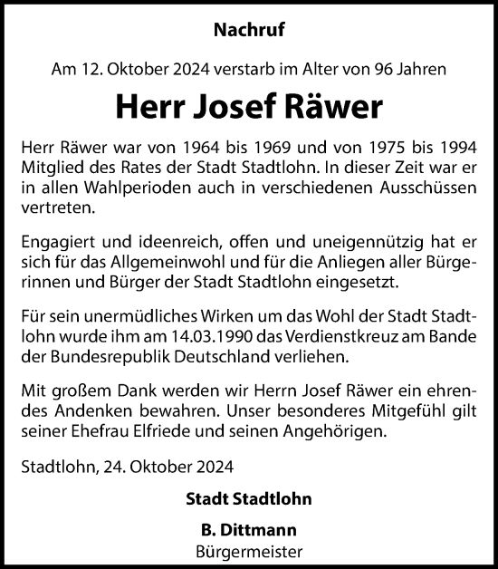 Traueranzeige von Josef Räwer von Münsterland Zeitung