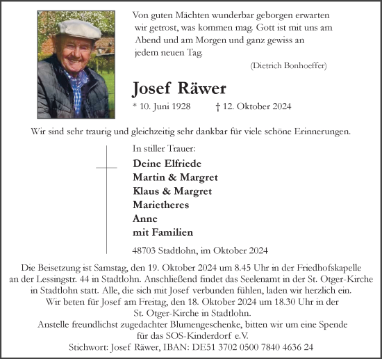 Traueranzeige von Josef Räwer von Münsterland Zeitung