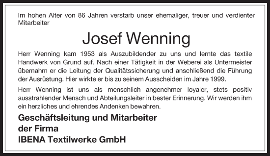 Traueranzeige von Josef Wenning 