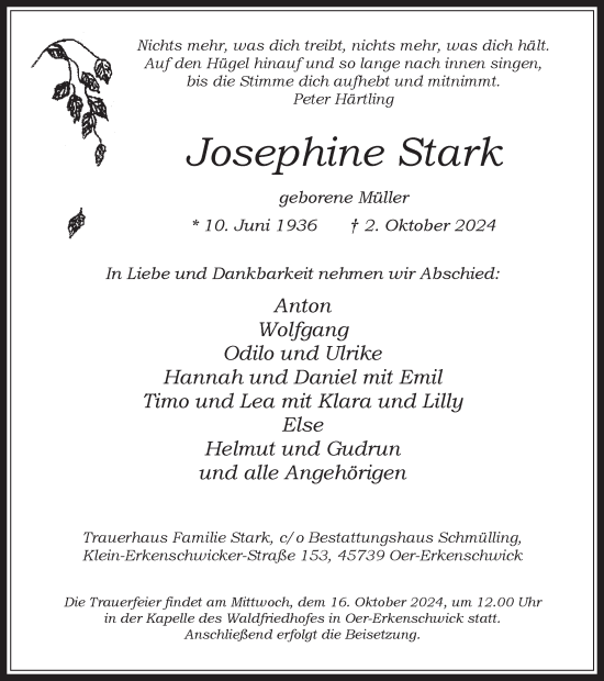 Traueranzeige von Josephine Stark von Trauer Vest