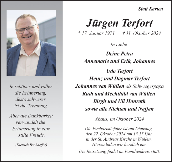 Traueranzeige von Jürgen Terfort von Münsterland Zeitung