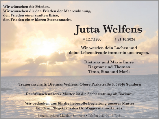 Traueranzeige von Jutta Welfens von Ruhr Nachrichten