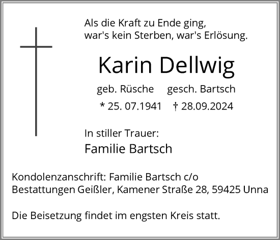 Traueranzeige von Karin Dellwig von Hellweger Anzeiger