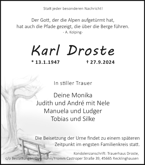 Traueranzeige von Karl Droste von Trauer Vest