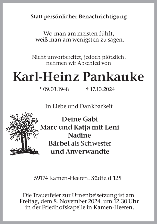 Traueranzeige von Karl-Heinz Pankauke von Hellweger Anzeiger