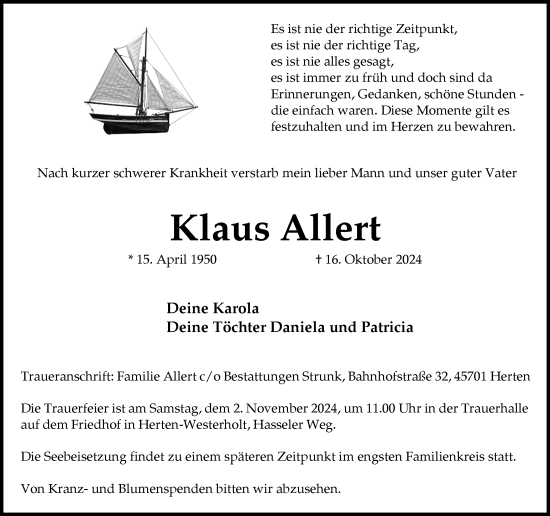 Traueranzeige von Klaus Allert von Trauer Vest