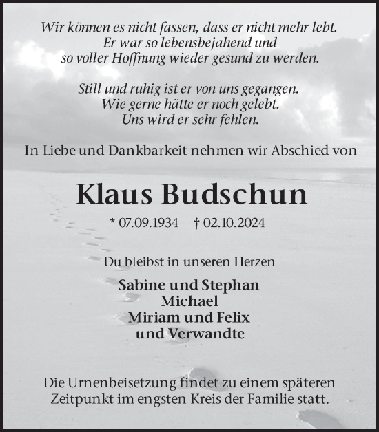 Traueranzeige von Klaus Budschun von Trauer Vest