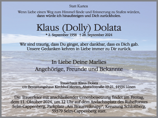 Traueranzeige von Klaus Dolata von Ruhr Nachrichten