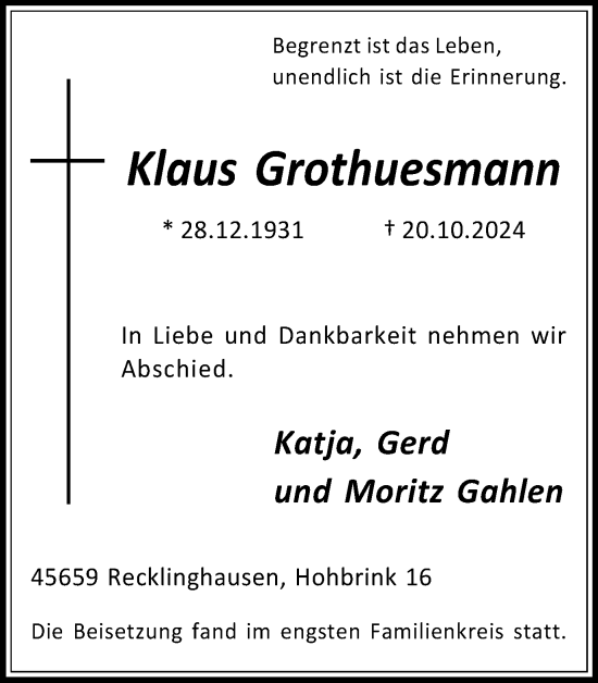 Traueranzeige von Klaus Grothuesmann von Trauer Vest