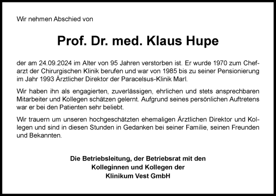 Traueranzeige von Klaus Hupe von Trauer Vest