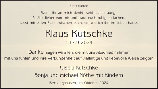 Traueranzeige von Klaus Kutschke von Trauer Vest