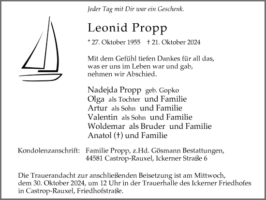 Traueranzeige von Leonid Propp von Stadtanzeiger Castrop-Rauxel