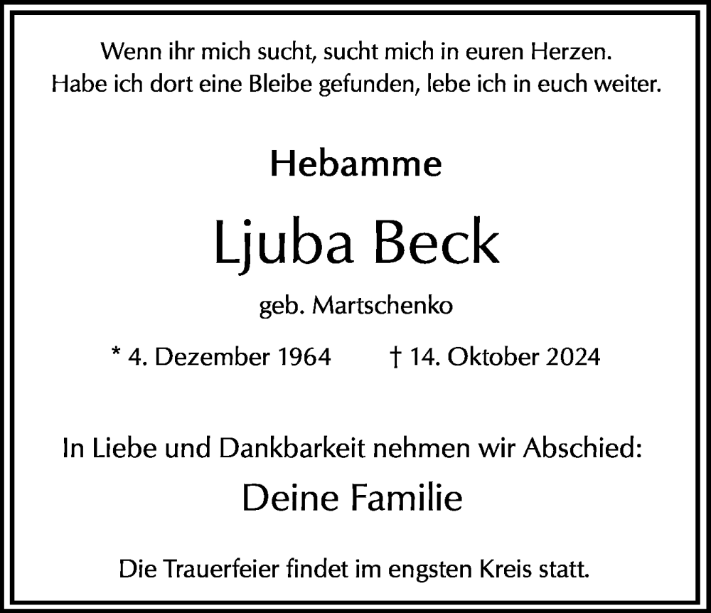  Traueranzeige für Ljuba Beck vom 19.10.2024 aus Hellweger Anzeiger