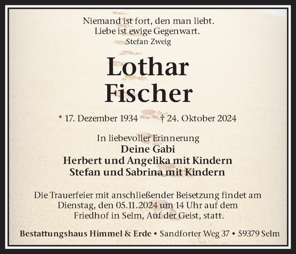  Traueranzeige für Lothar Fischer vom 30.10.2024 aus Ruhr Nachrichten