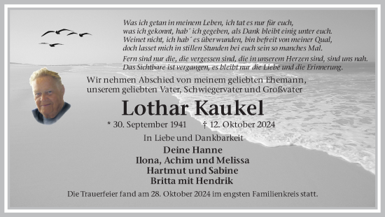 Traueranzeige von Lothar Kaukel von Ruhr Nachrichten