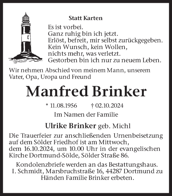 Traueranzeige von Manfred Brinker von Ruhr Nachrichten