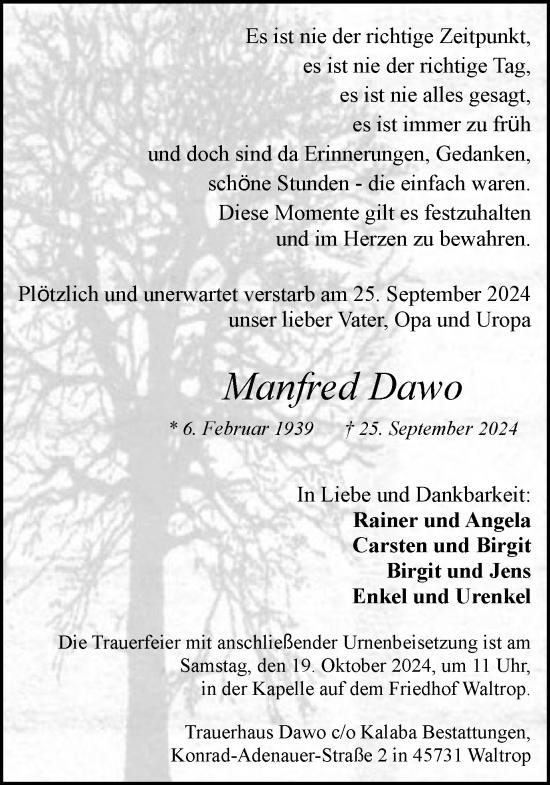 Traueranzeige von Manfred Dawo von Trauer Vest