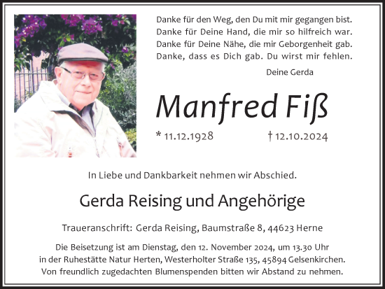 Traueranzeige von Manfred Fiß von Trauer Vest