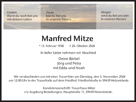 Traueranzeige von Manfred Mitze von Hellweger Anzeiger