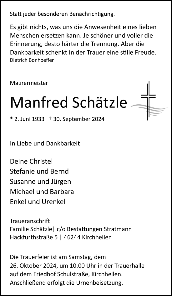 Traueranzeige von Manfred Schätzle von Ruhr Nachrichten und Dorstener Zeitung