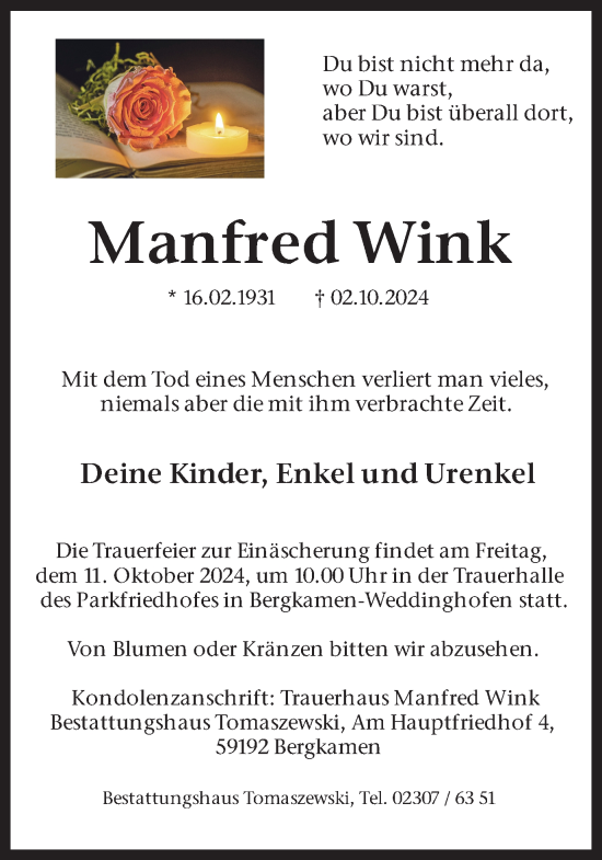 Traueranzeige von Manfred Wink von Hellweger Anzeiger