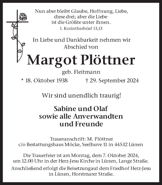 Traueranzeige von Margot Plöttner von Ruhr Nachrichten