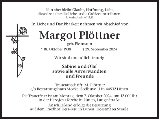 Traueranzeige von Margot Plöttner von Lüner Anzeiger