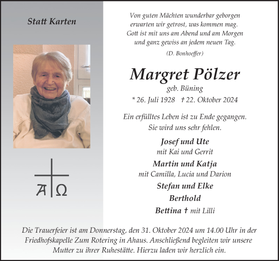 Traueranzeige von Margret Pölzer von Münsterland Zeitung