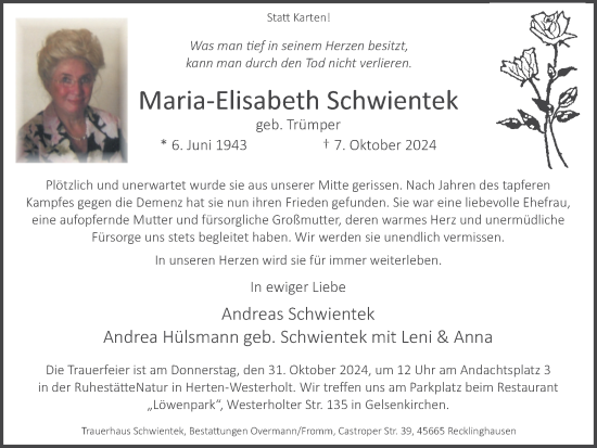 Traueranzeige von Maria-Elisabeth Schwientek von Trauer Vest