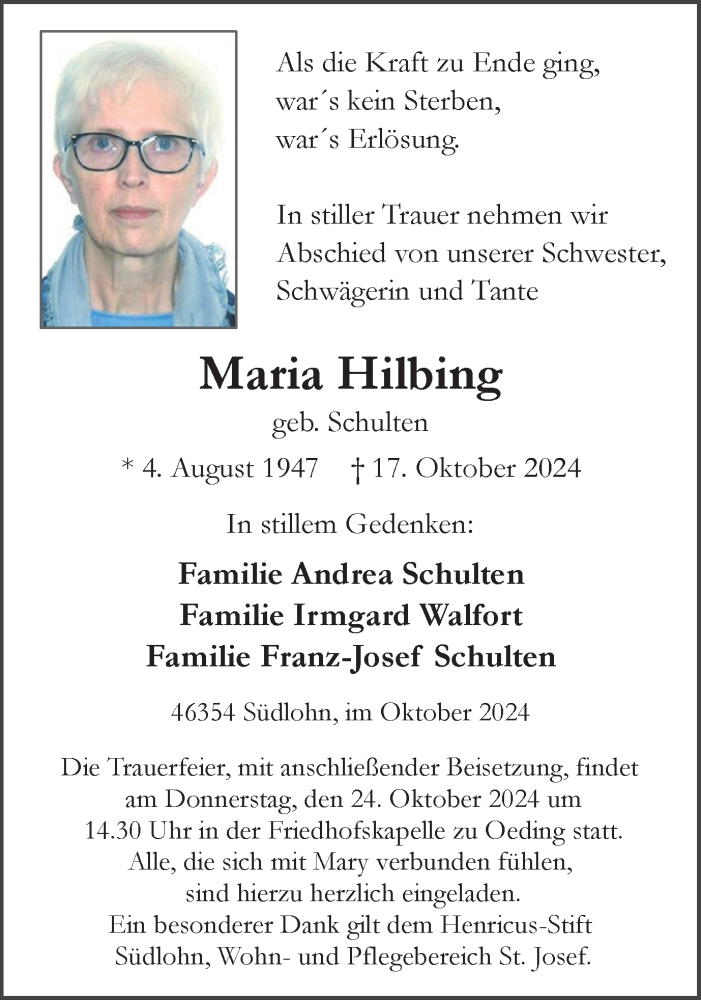  Traueranzeige für Maria Hilbing vom 19.10.2024 aus Münsterland Zeitung