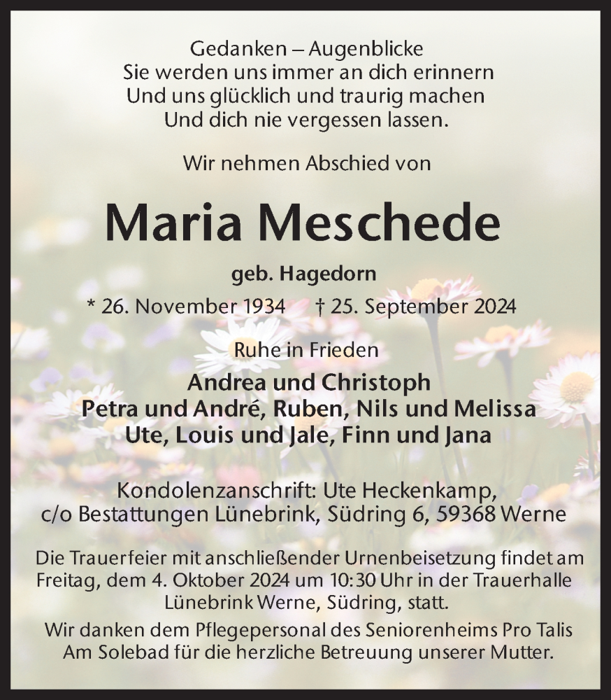 Traueranzeige für Maria Meschede vom 02.10.2024 aus Ruhr Nachrichten