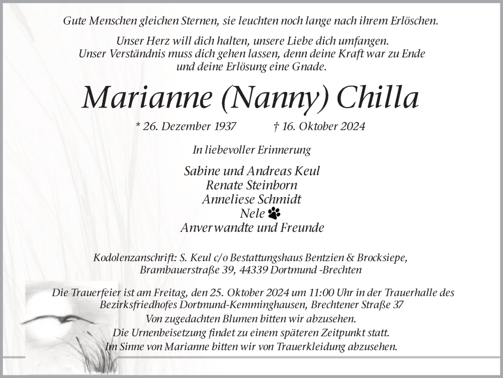  Traueranzeige für Marianne Chilla vom 19.10.2024 aus Ruhr Nachrichten