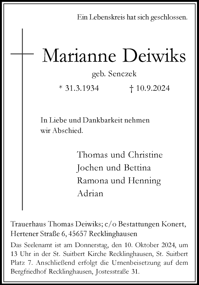  Traueranzeige für Marianne Deiwiks vom 05.10.2024 aus Trauer Vest