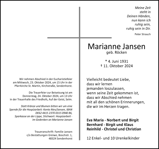 Traueranzeige von Marianne Jansen von Ruhr Nachrichten