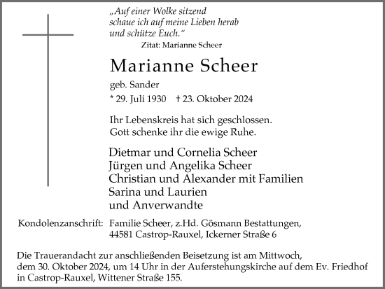 Traueranzeige von Marianne Scheer von Ruhr Nachrichten