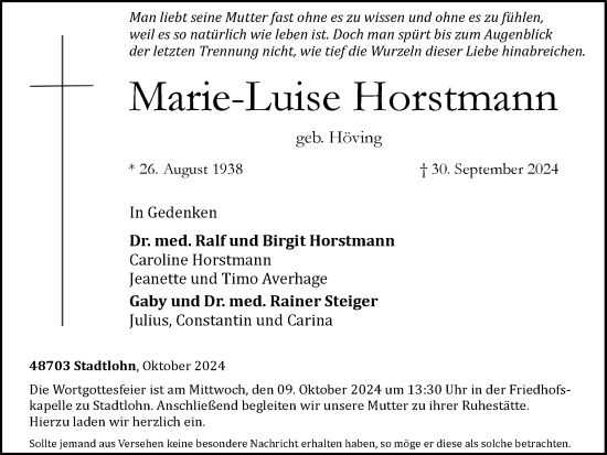 Traueranzeige von Marie-Luise Horstmann von Münsterland Zeitung