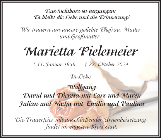 Traueranzeige von Marietta Pielemeier von Ruhr Nachrichten