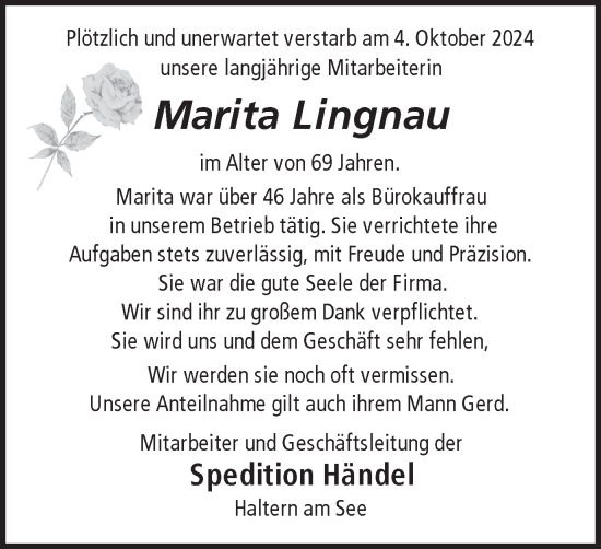 Traueranzeige von Marita Lingnau von Ruhr Nachrichten und Halterner Zeitung