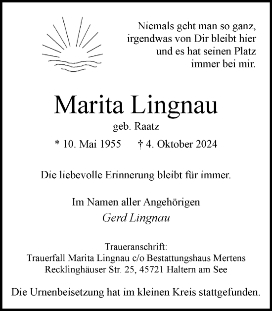 Traueranzeige von Marita Lingnau von Ruhr Nachrichten und Halterner Zeitung