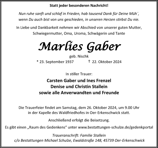 Traueranzeige von Marlies Gaber von Trauer Vest