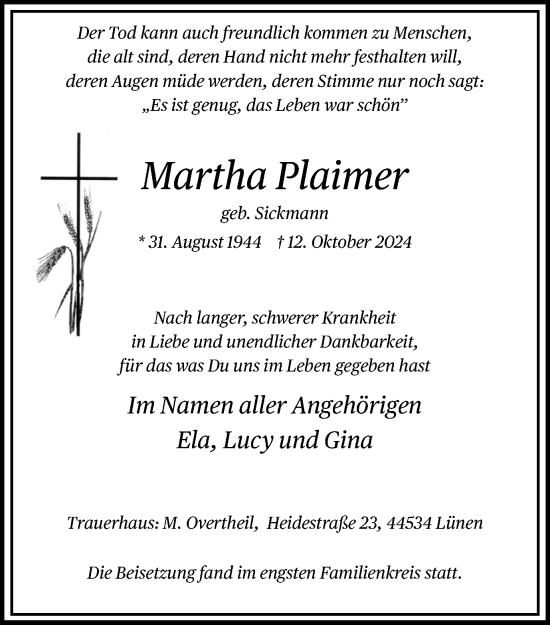 Traueranzeige von Martha Plaimer von Ruhr Nachrichten