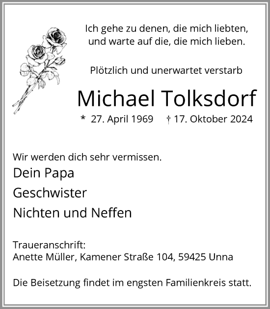 Traueranzeige von Michael Tolksdorf von Hellweger Anzeiger