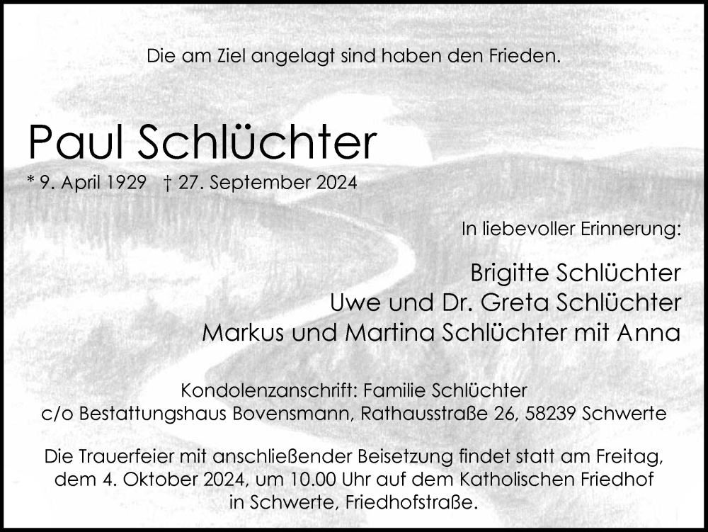  Traueranzeige für Paul Schlüchter vom 02.10.2024 aus Ruhr Nachrichten