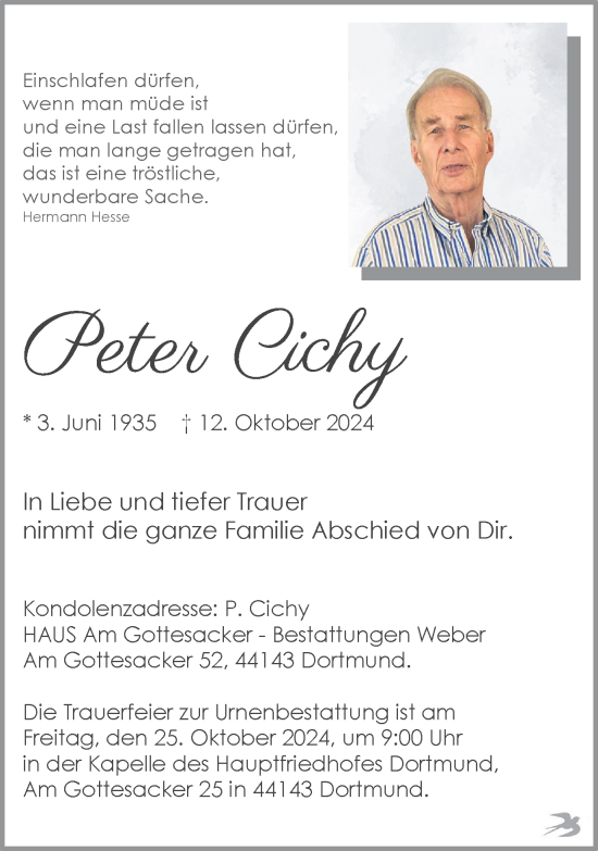 Traueranzeige von Peter Cichy von Ruhr Nachrichten