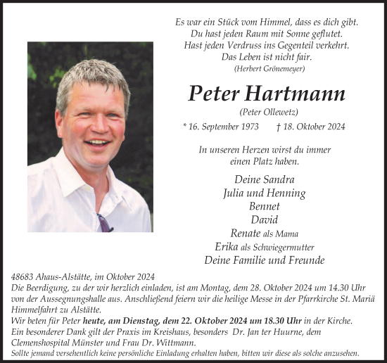 Traueranzeige von Peter Hartmann von Münsterland Zeitung