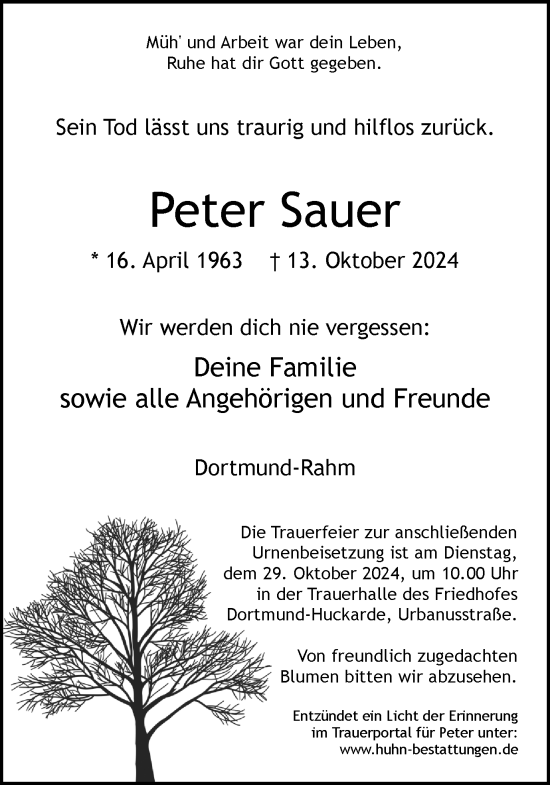 Traueranzeige von Peter Sauer von Ruhr Nachrichten