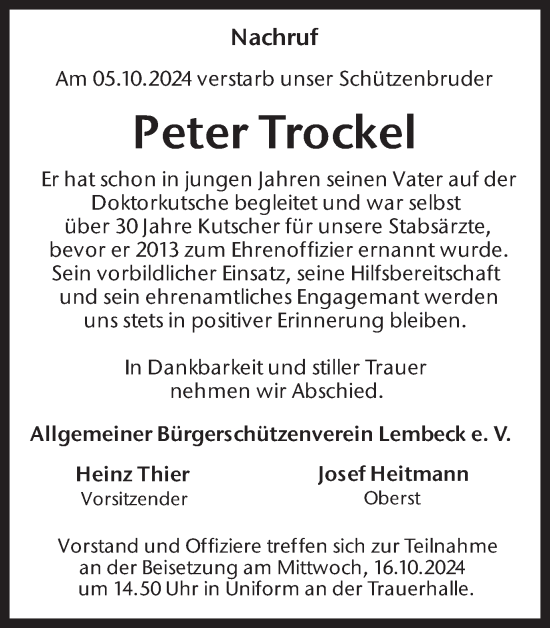 Traueranzeige von Peter Trockel von Ruhr Nachrichten und Dorstener Zeitung