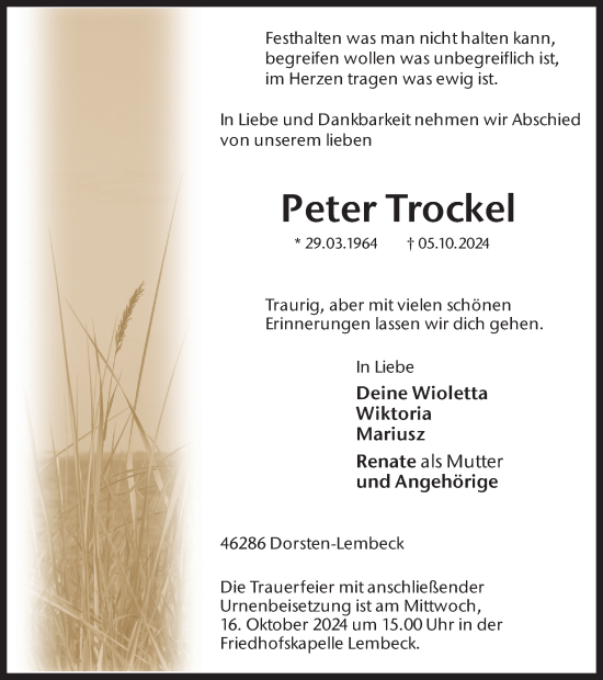 Traueranzeige von Peter Trockel von Ruhr Nachrichten und Dorstener Zeitung