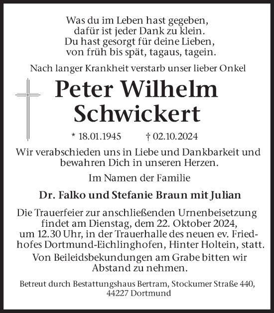 Traueranzeige von Peter Wilhelm Schwickert von Ruhr Nachrichten